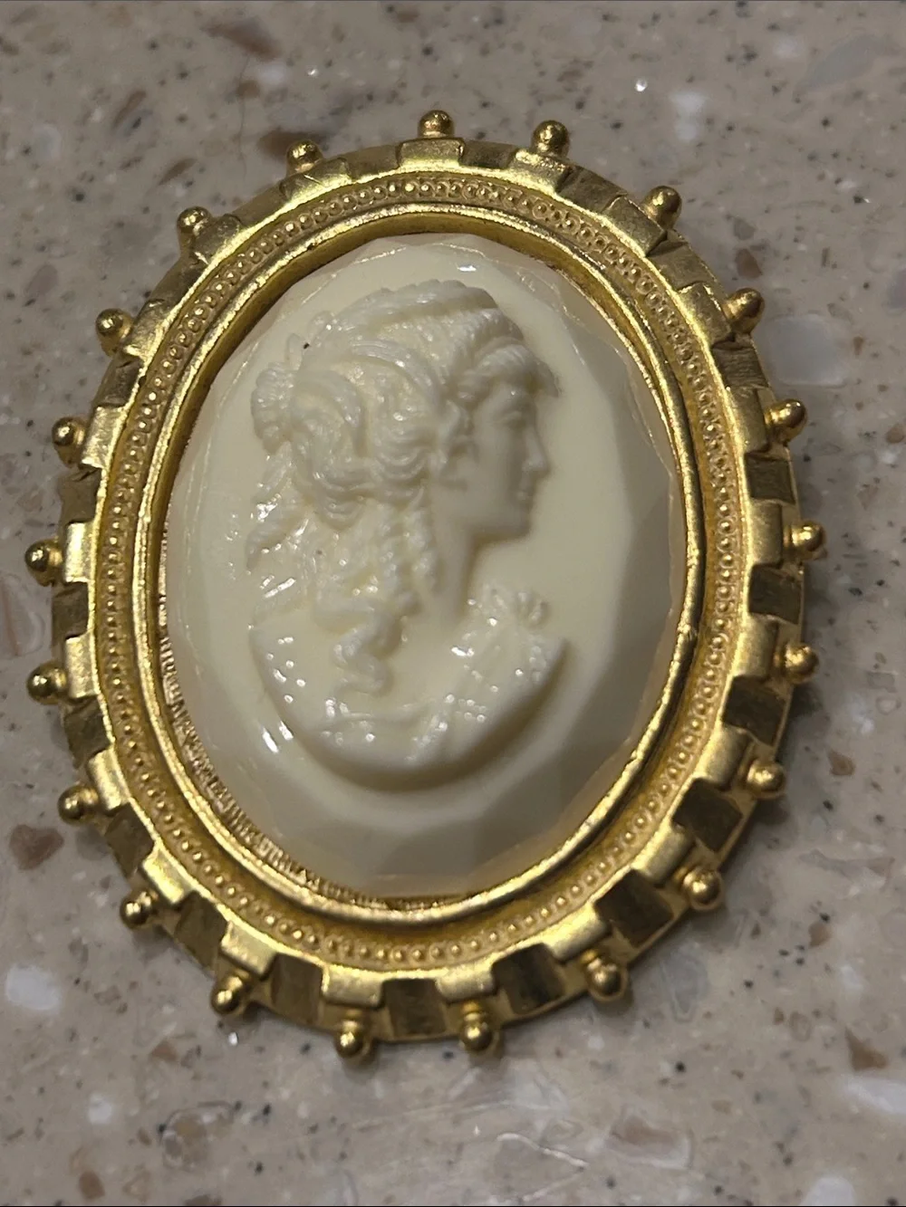 Ivory Cameo Brooch — Signed Brass Frame